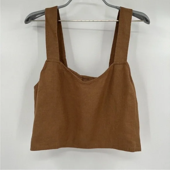 Quince Golden Brown Linen Boxy Cropped Tank sz L Women's Flax Top - Picture 1 of 2